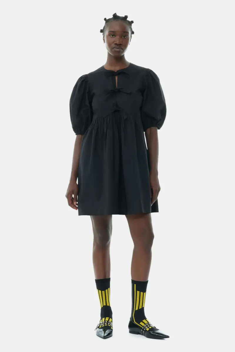 Black Cotton Poplin Tie String Mini Dress