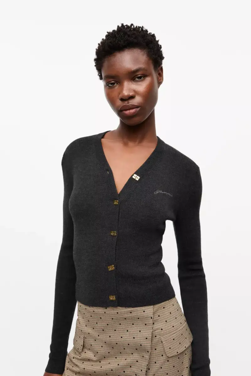 Black Mini Ribbed Merino Cardigan