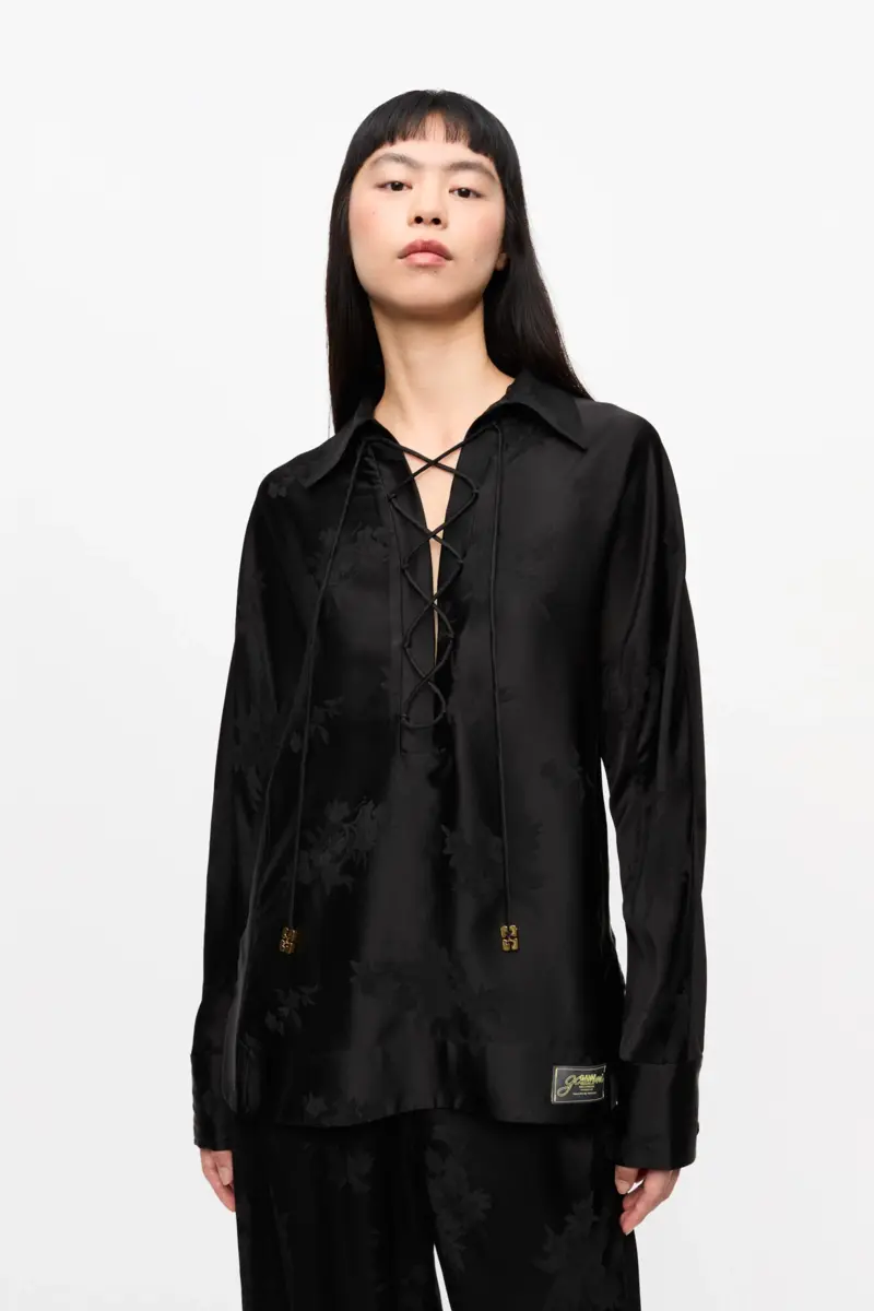 Black Satin Jacquard Tie String Shirt