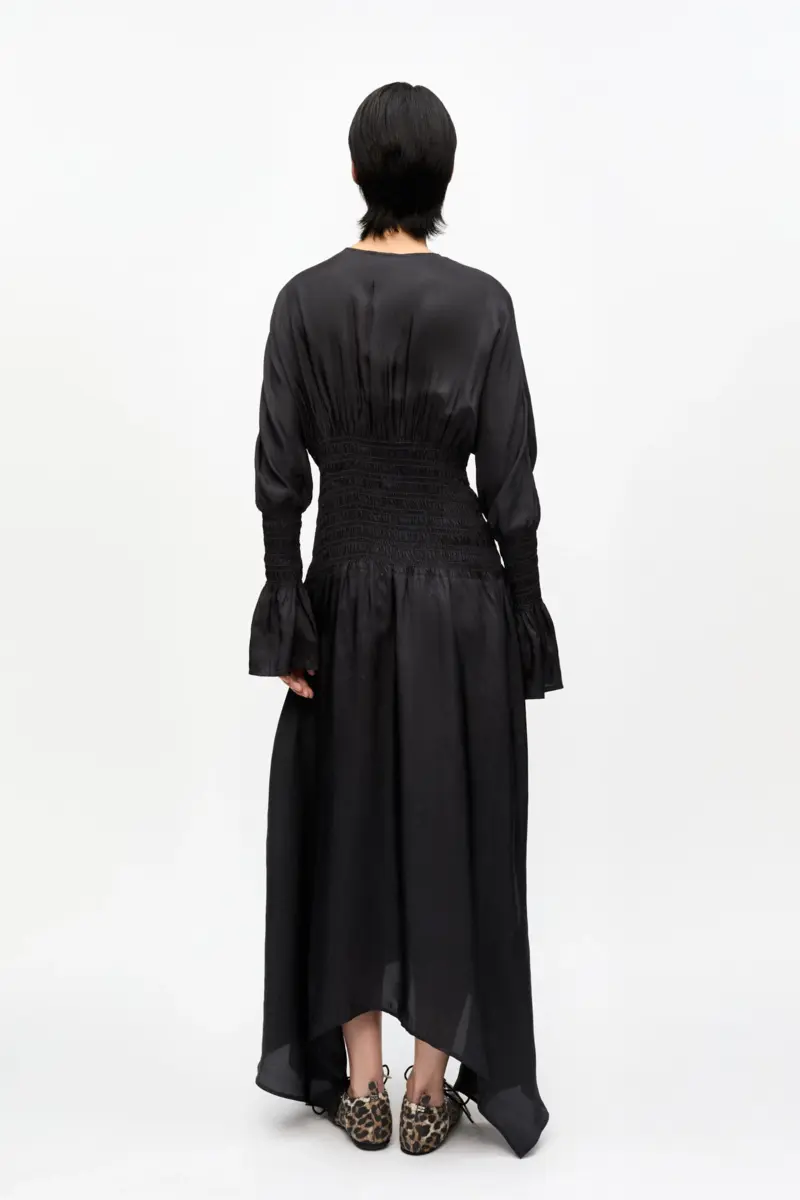 Black Viscose Habotai Smock Midi Dress