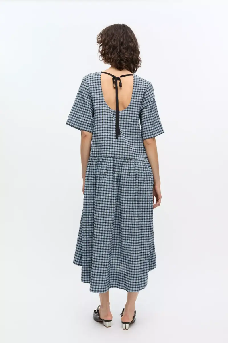 Blue Seersucker Check Midi Dress