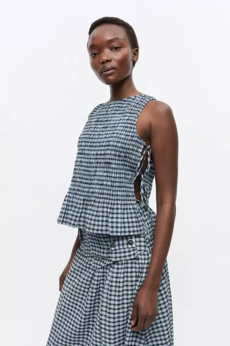 Blue Seersucker Check Smock Tie String Top