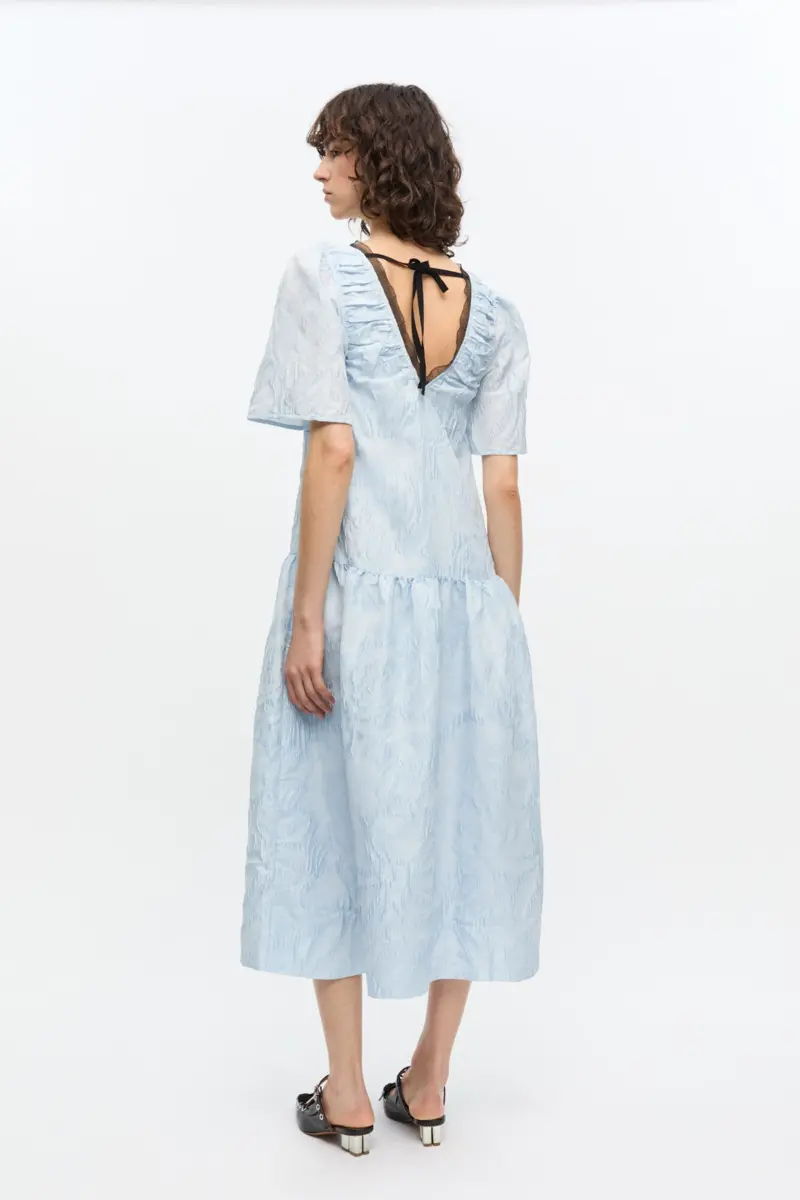 Blue Textured Cloque Midi Dress