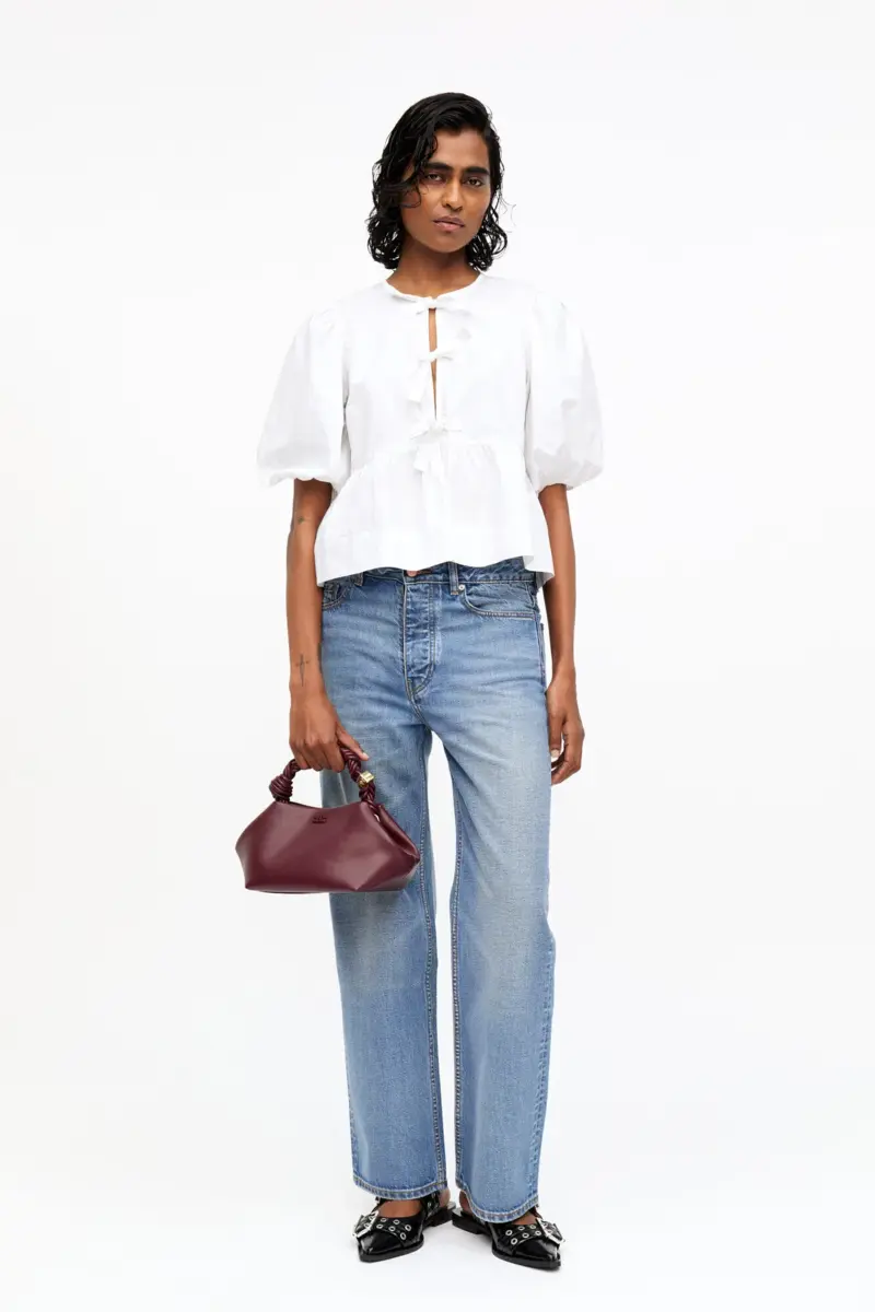 Cotton Poplin Peplum Tie Blouse