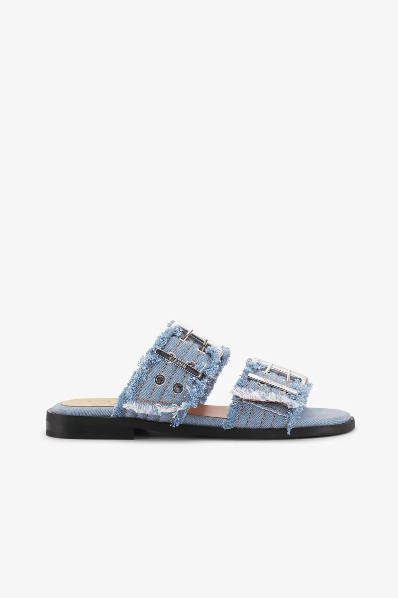 Feminine Buckle Two-Strap Sandals in Blue Denim