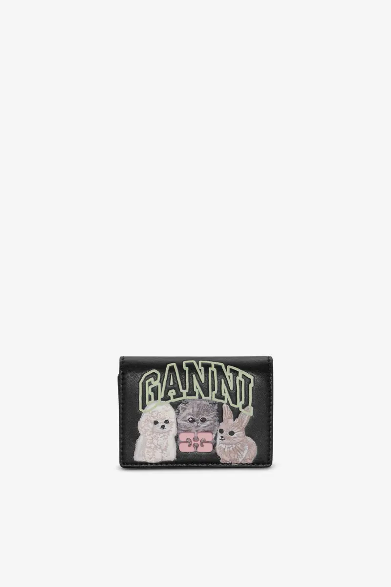 GANNI Bou Card Holder in Black With Flap and Animals