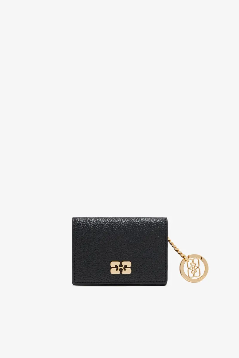 GANNI Card Holder With Flap in Grained Black with Gold