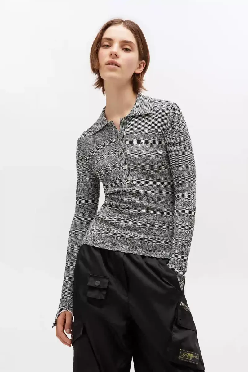 Grey Striped Knitted Polo Shirt