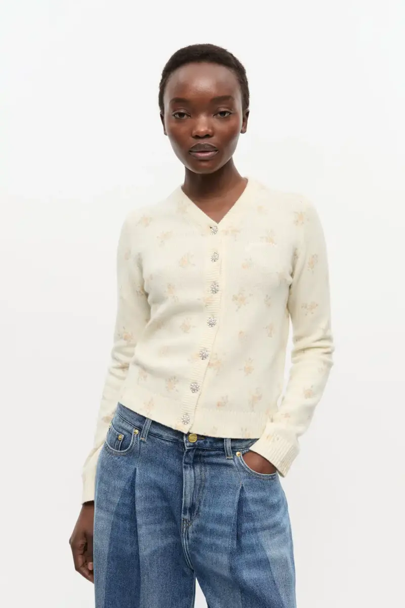 Ivory Printed Wool Mix Cardigan