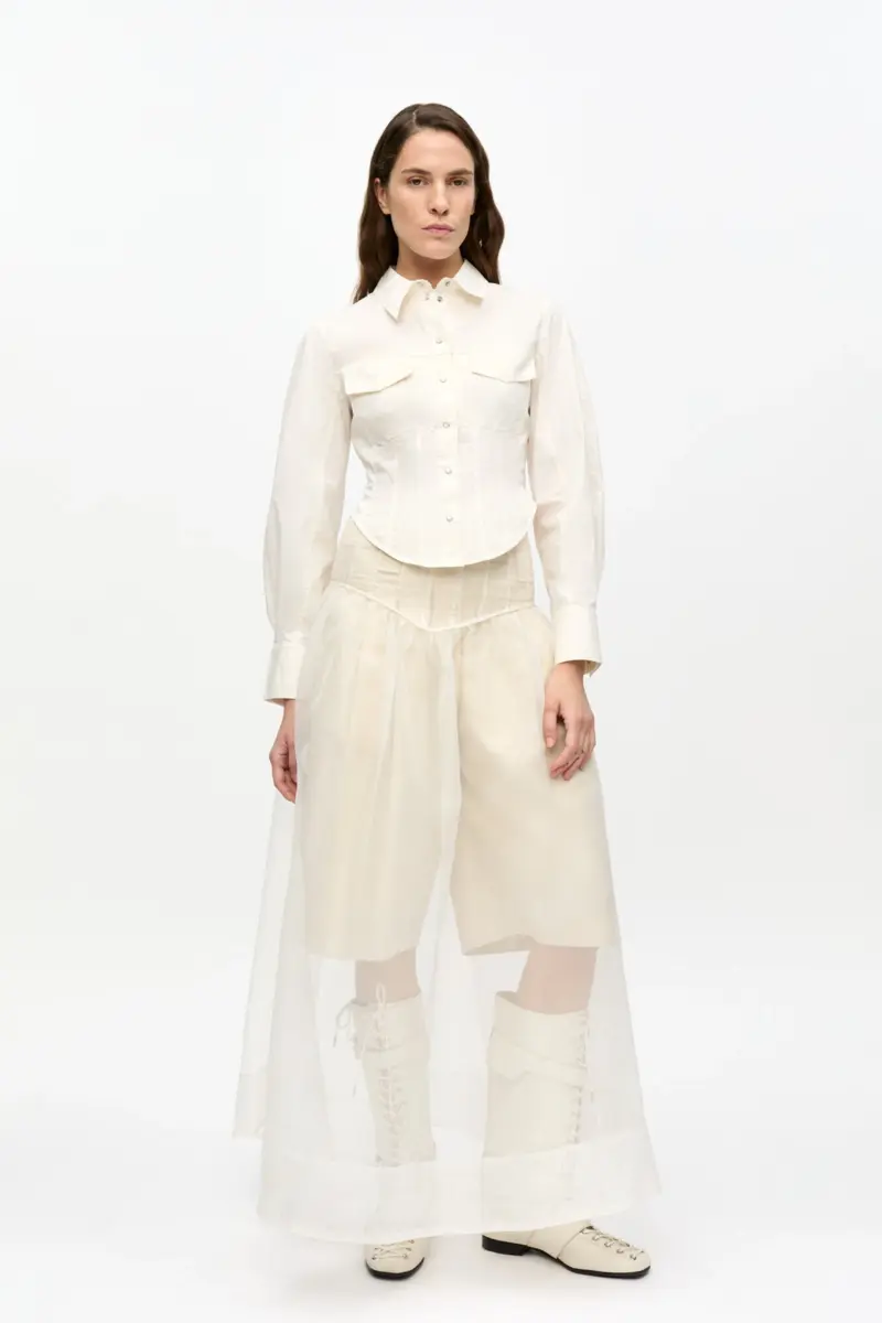 Ivory Washed Stretch Cotton Corset Shirt