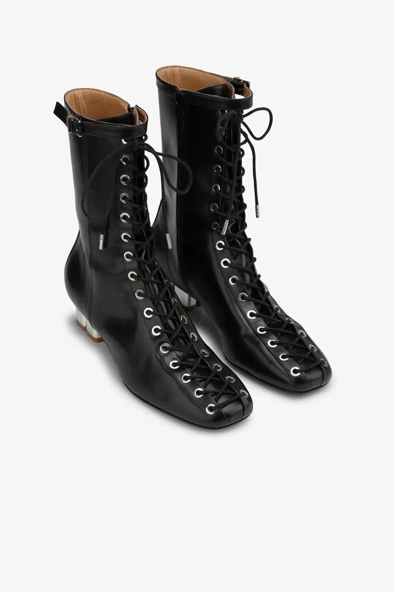 Lace-Up Ankle Boots in Black Oleatex