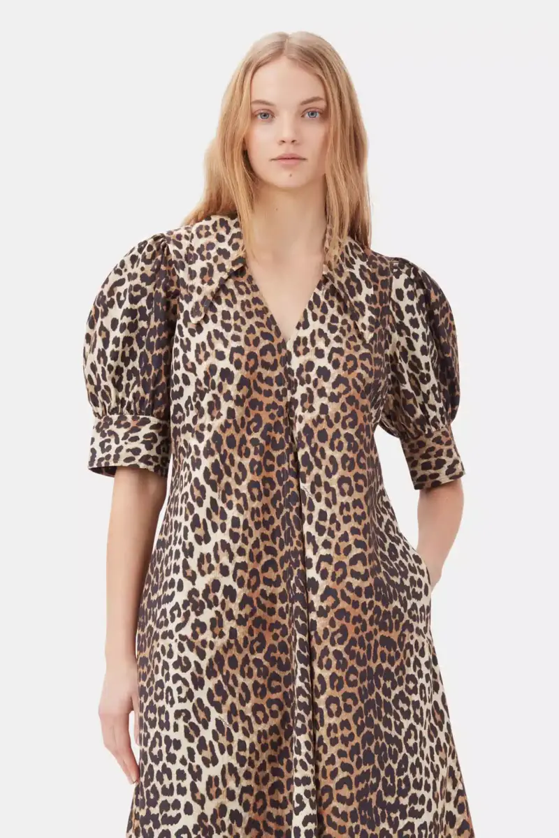 Leopard Cotton Poplin V-neck Maxi Dress