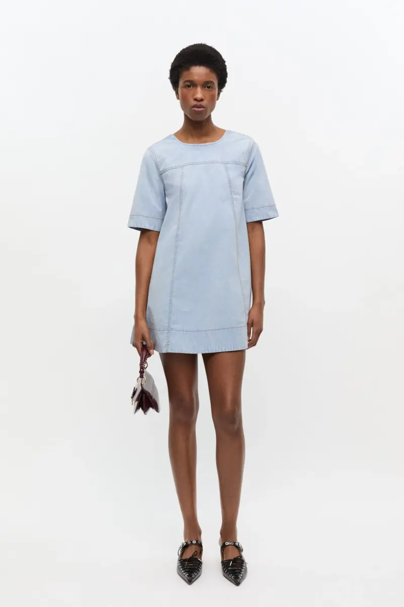 light blue a line mini denim dress 1 - Light Blue A-line Mini Denim Dress