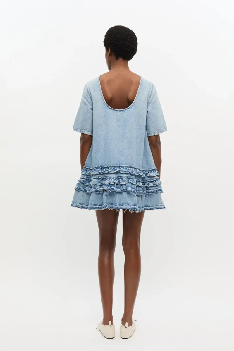 light blue denim frill mini dress 2 - Light Blue Denim Frill Mini Dress