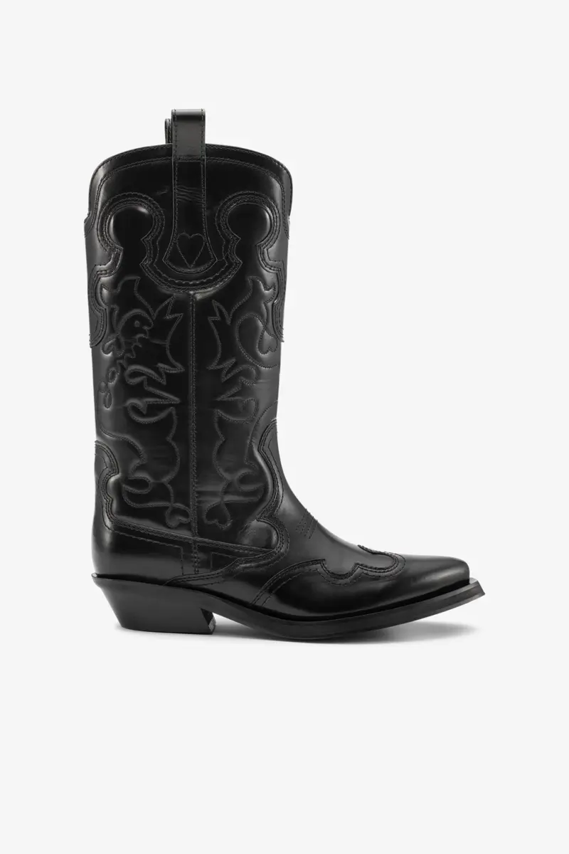 Mid Shaft Embroidered Western Boots in Black