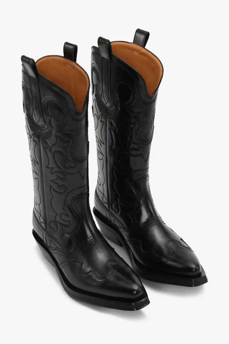 Mid Shaft Embroidered Western Boots in Black