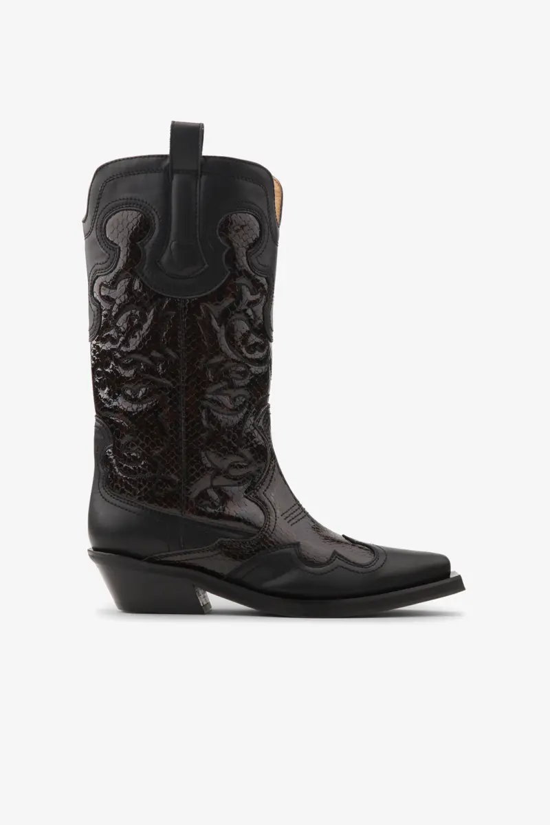 Mid Shaft Embroidered Western Boots in Burgundy