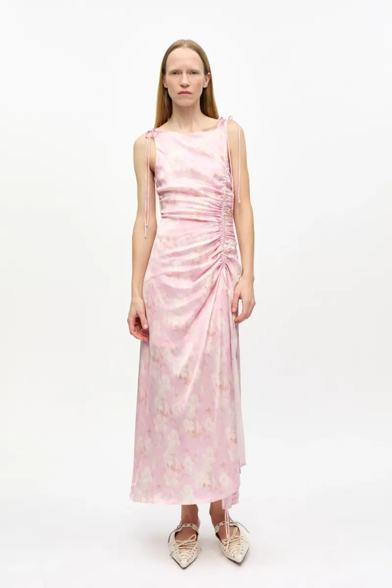 Pink Printed Satin Gathered Dress