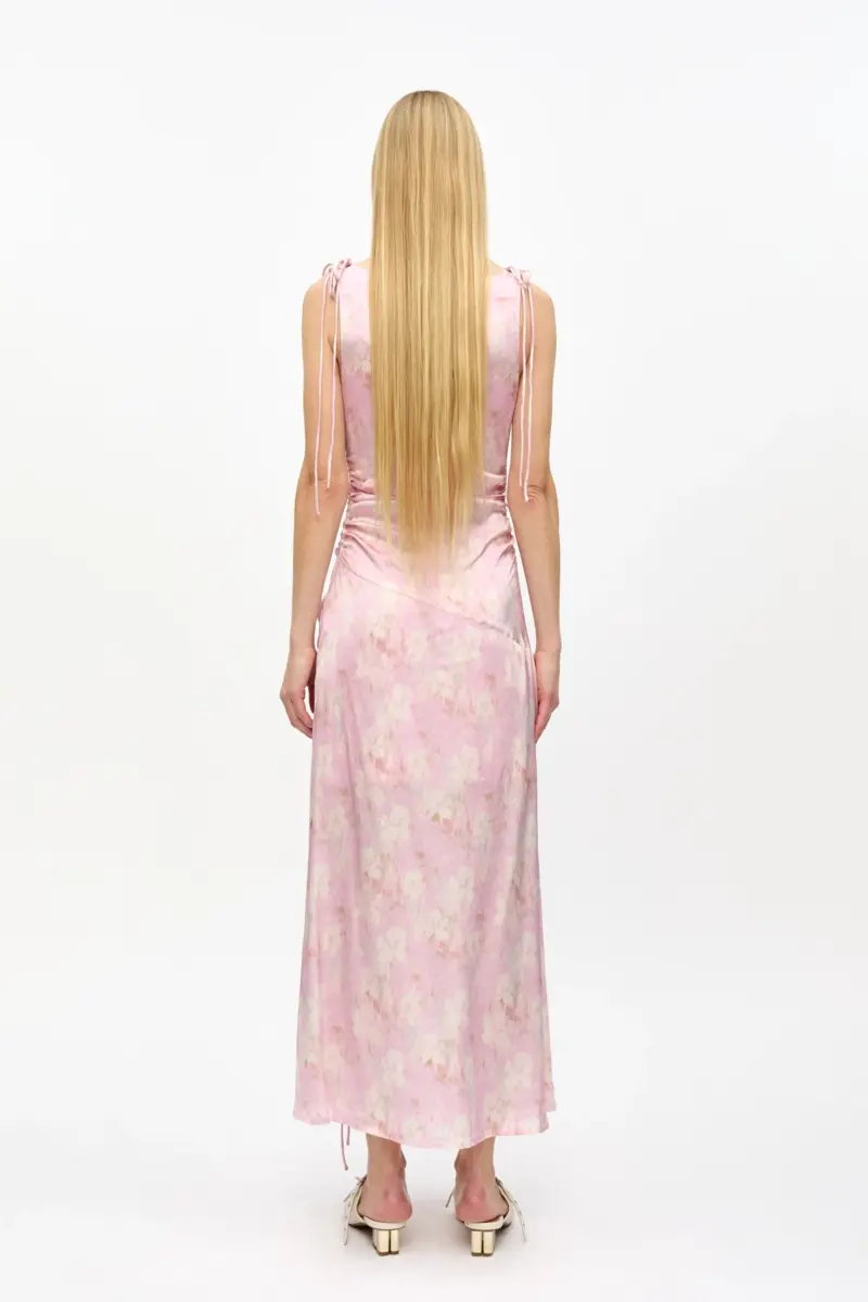 Pink Printed Satin Gathered Dress