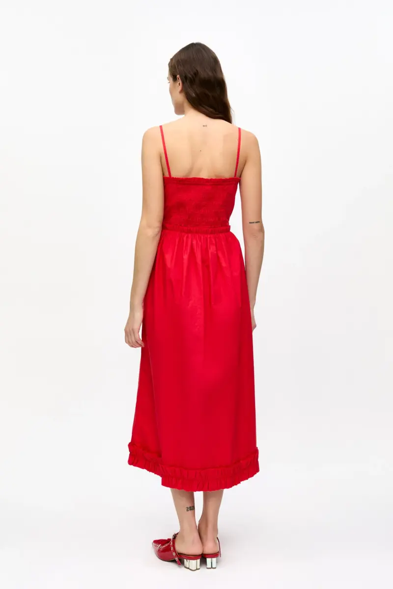 Red Cotton Poplin Strap Dress