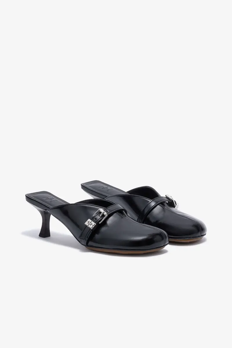 Sue Heeled Mules in Black Oleatex