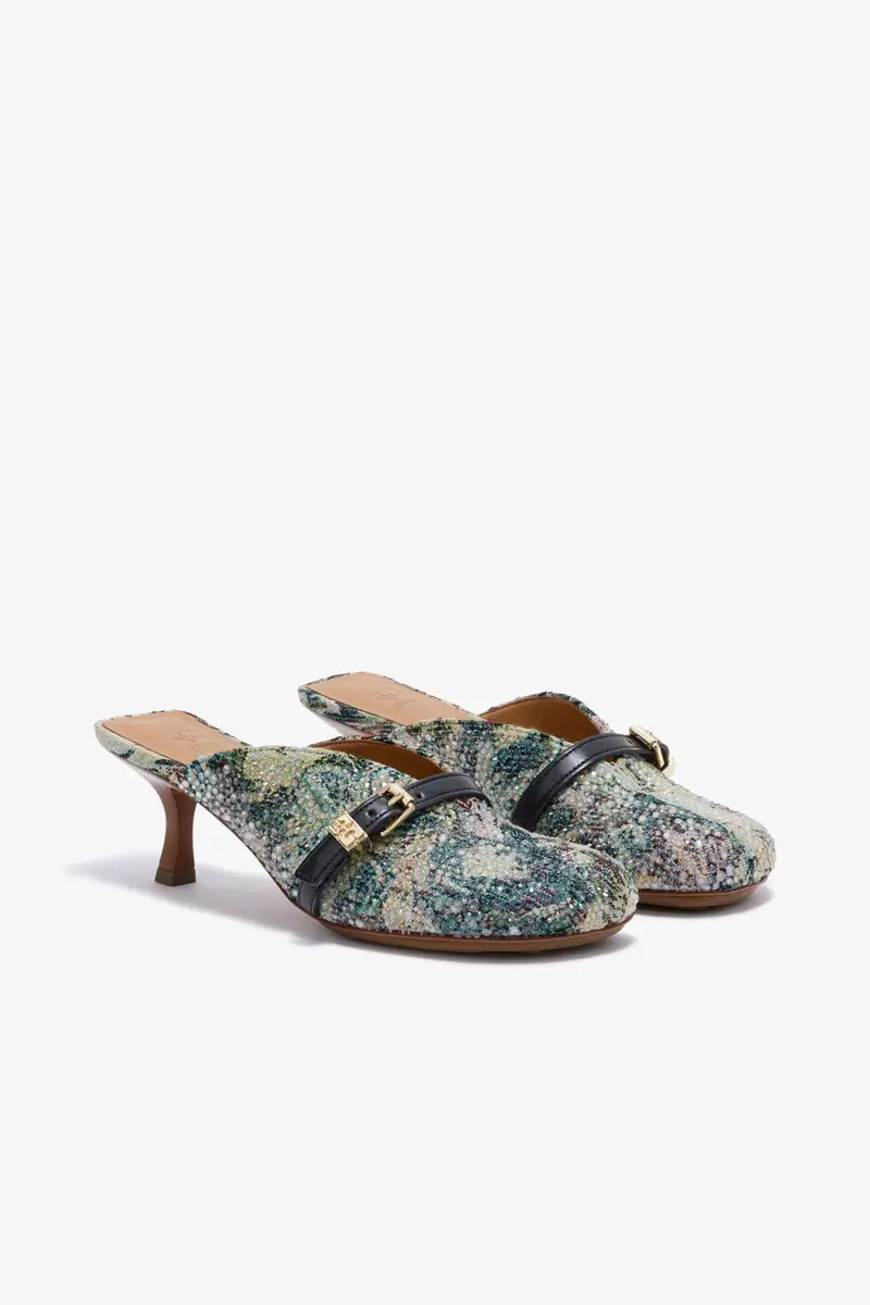 Sue Heeled Mules in Tapestry