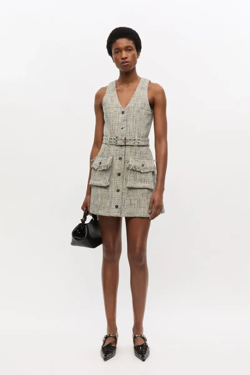 Tweed Sleeveless Belted Dress