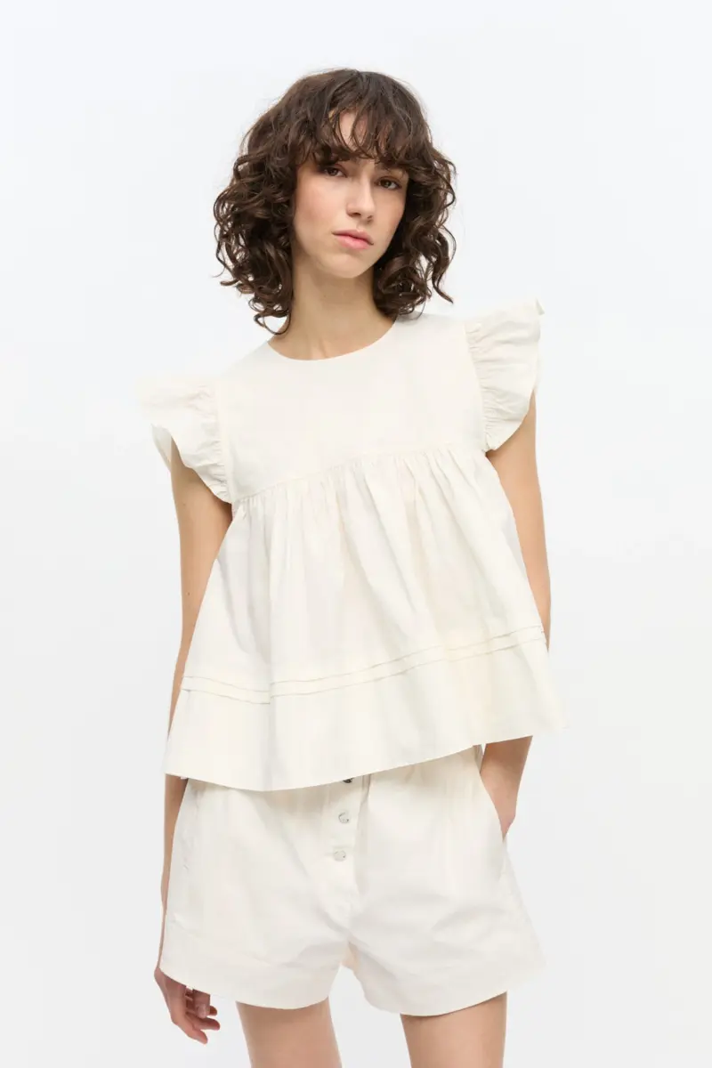 White Stretch Cotton Frill Sleeve Top