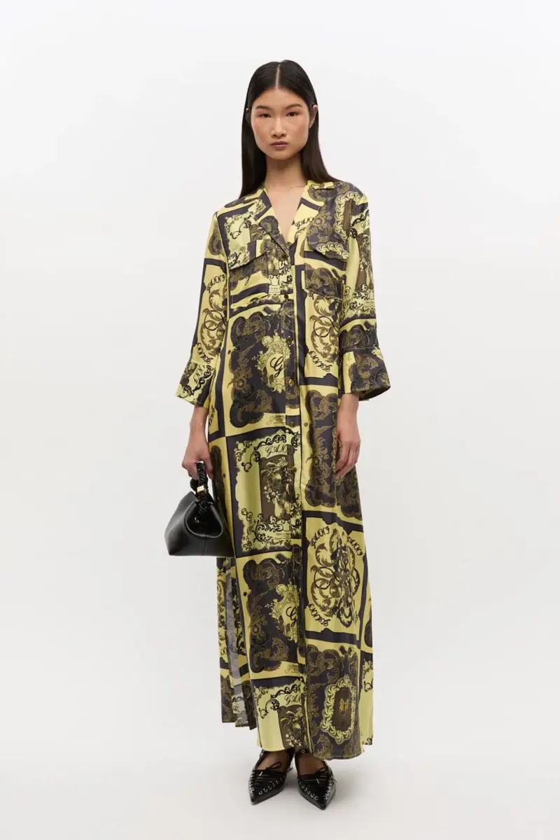 Yellow Printed Silk Maxi Dress